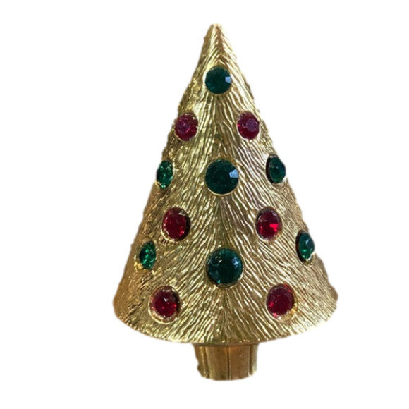 VINTAGE CONE GOLD- TONE WITH GREEN & RED RHINESTONES CHRISTMAS TREE BROOCH - Picture 1 of 3